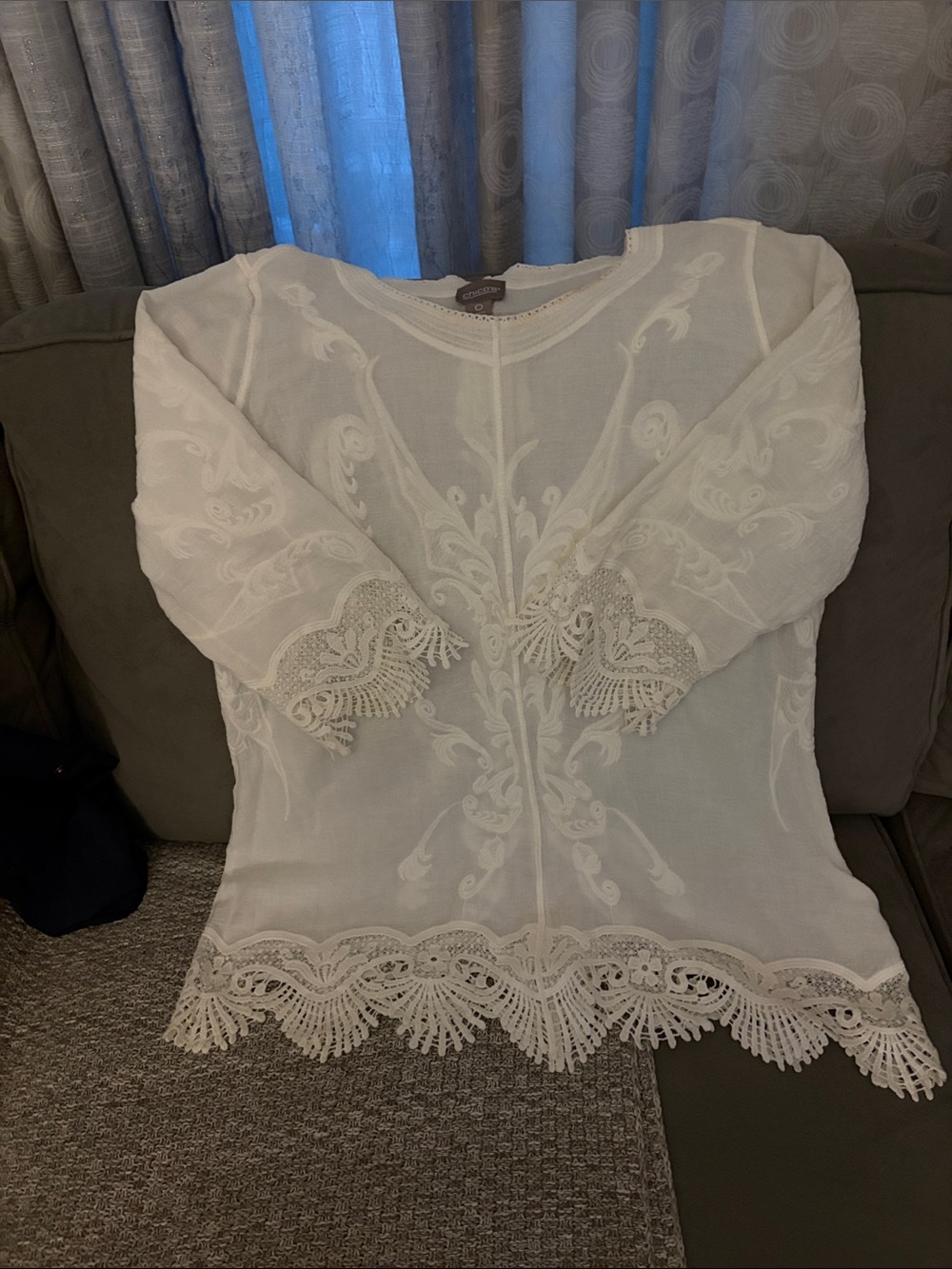 Chico's White Embroidered Lace-Trim Tunic